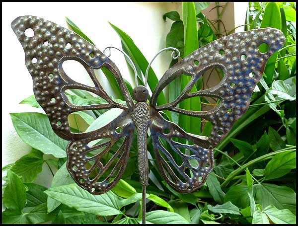 Handcrafted Butterfly Metal Plant Stake - Haitian Steel Drum Metal Art - Metal Garden Art - Metal Pl